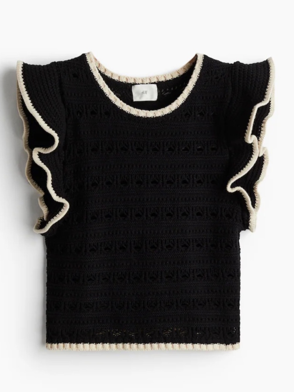 H&M Black Crochet Tank with Cream Trim and Ruffle Sleeves